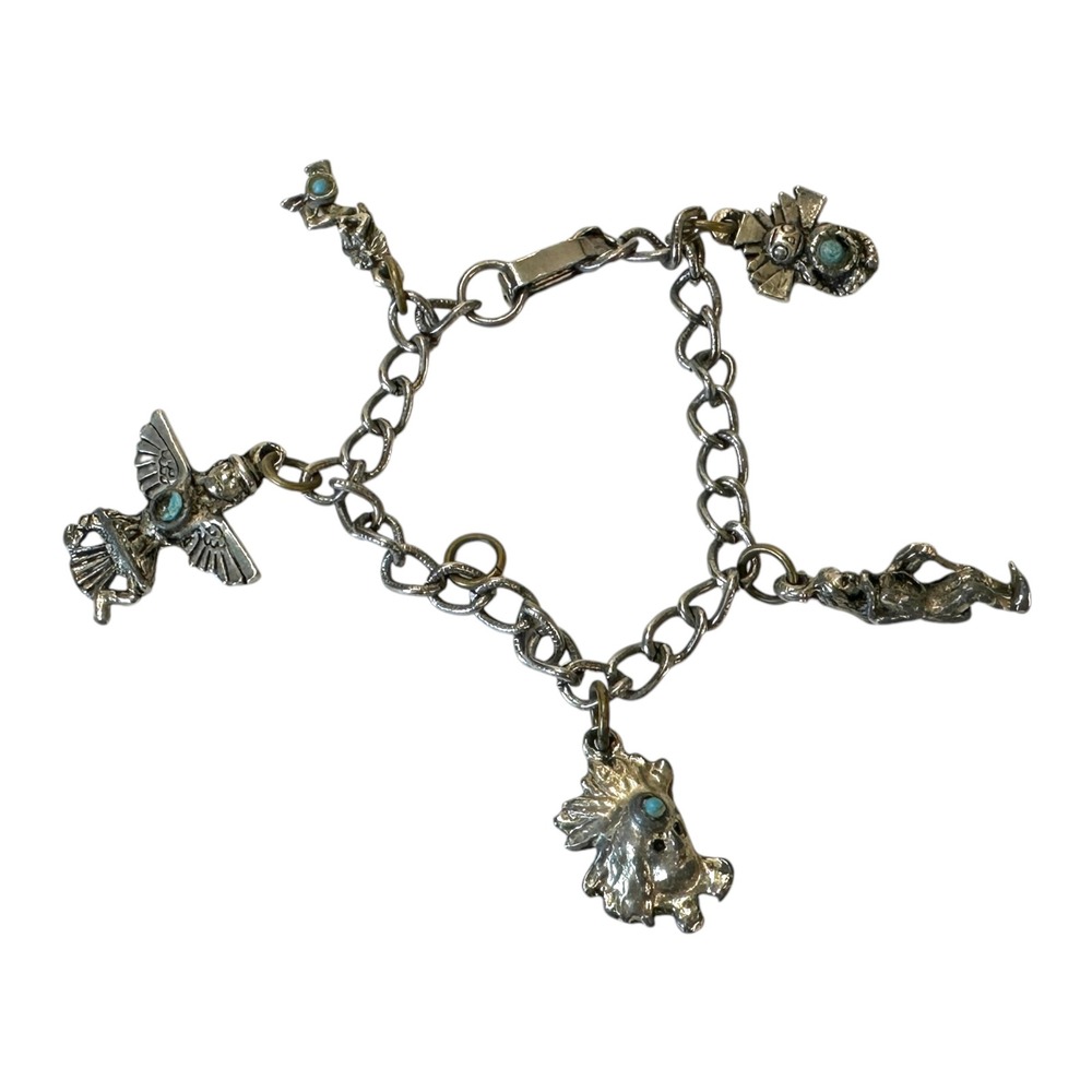Turquoise Accented Charm Bracelet Anklet Southwestern Silver Tone Tribal Boho